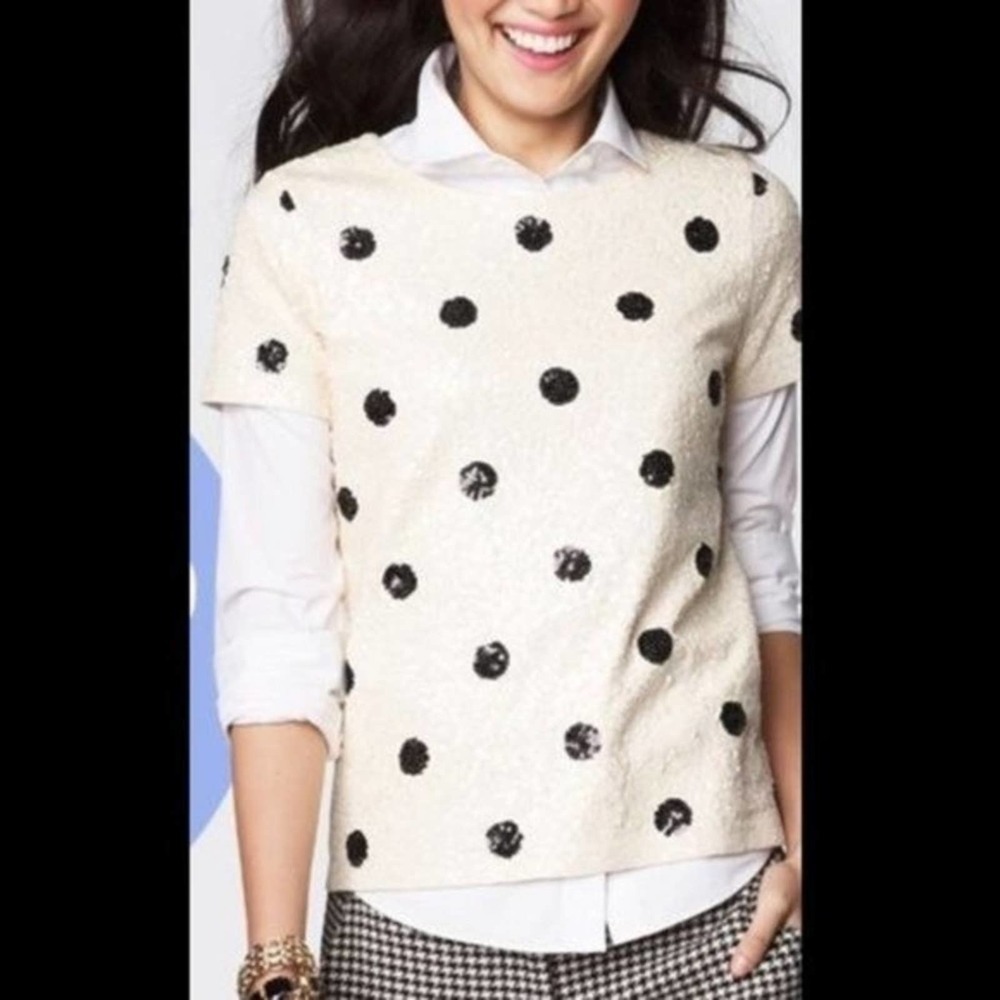 J. Crew Off-White Sequin Black Polkadot Blouse Size XS Sparklecore Barbiecore